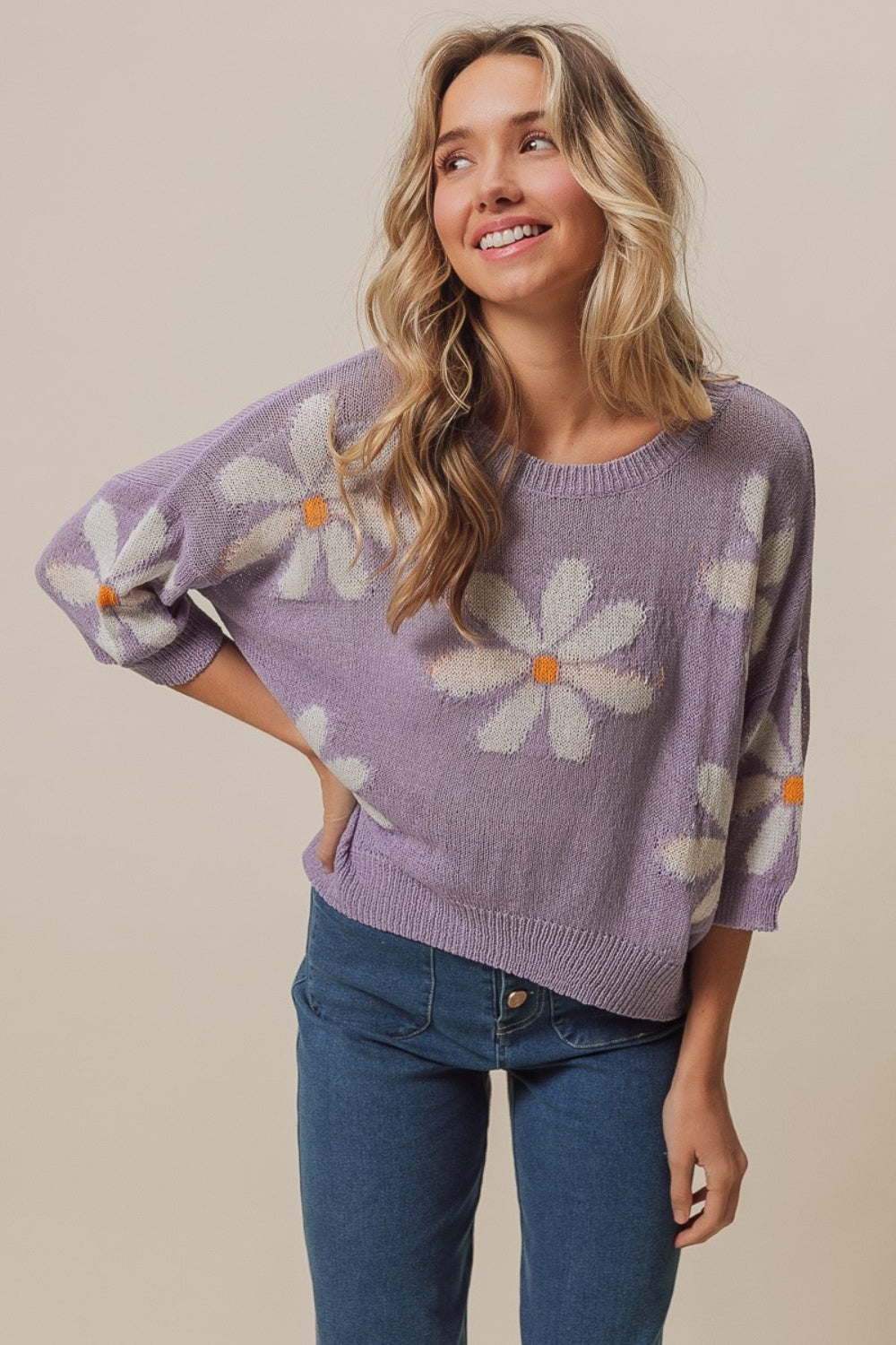 BiBi Floral Pattern Slit Sweater - DRG Boutique Apparel & Accessories LLC