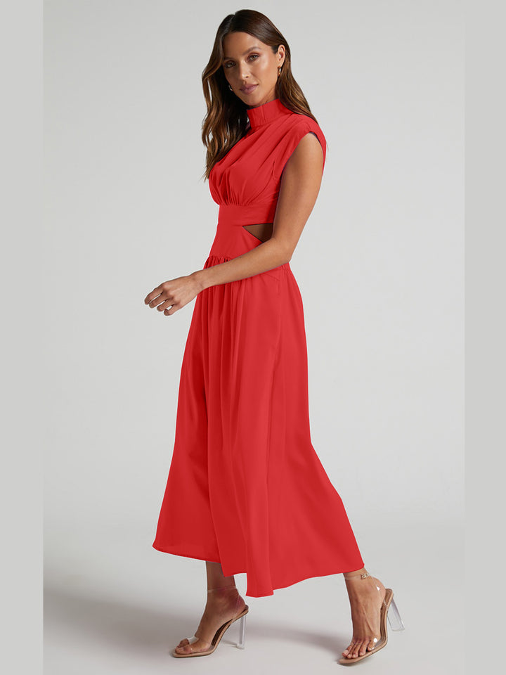 Cutout Mock Neck Sleeveless Ruched Dress