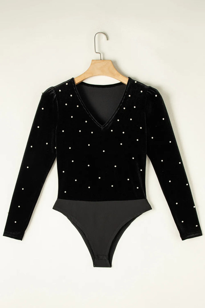 Pearl Detail V-Neck Long Sleeve Bodysuit - DRG Boutique Apparel & Accessories LLC