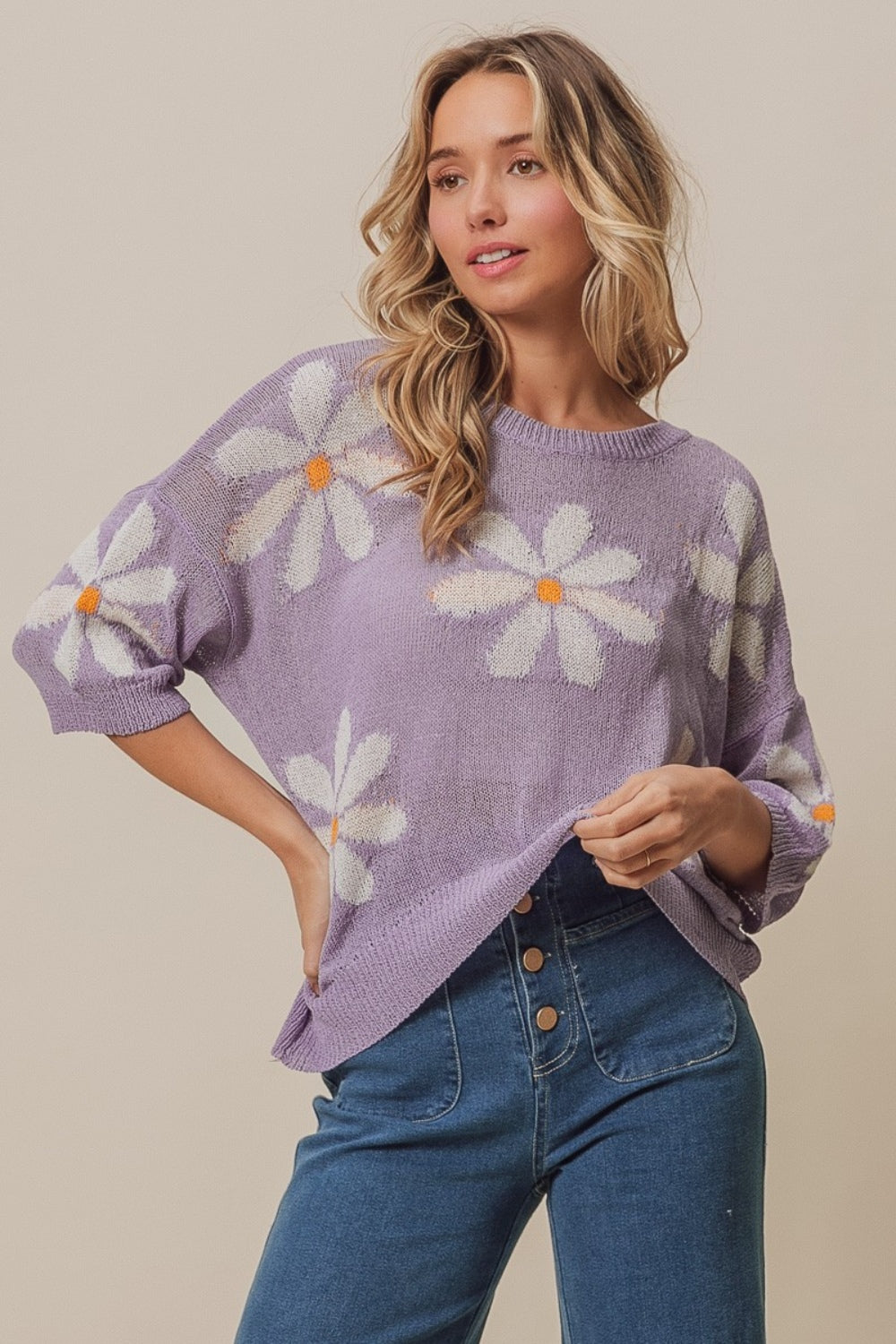 BiBi Floral Pattern Slit Sweater - DRG Boutique Apparel & Accessories LLC