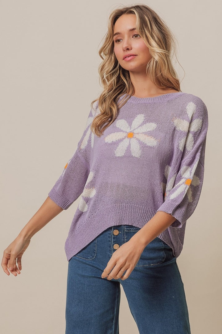 BiBi Floral Pattern Slit Sweater - DRG Boutique Apparel & Accessories LLC