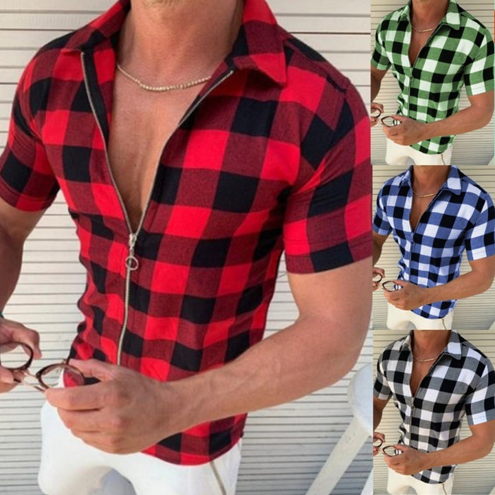 Men's Plaid Shirt, Zipper Short Sleeve