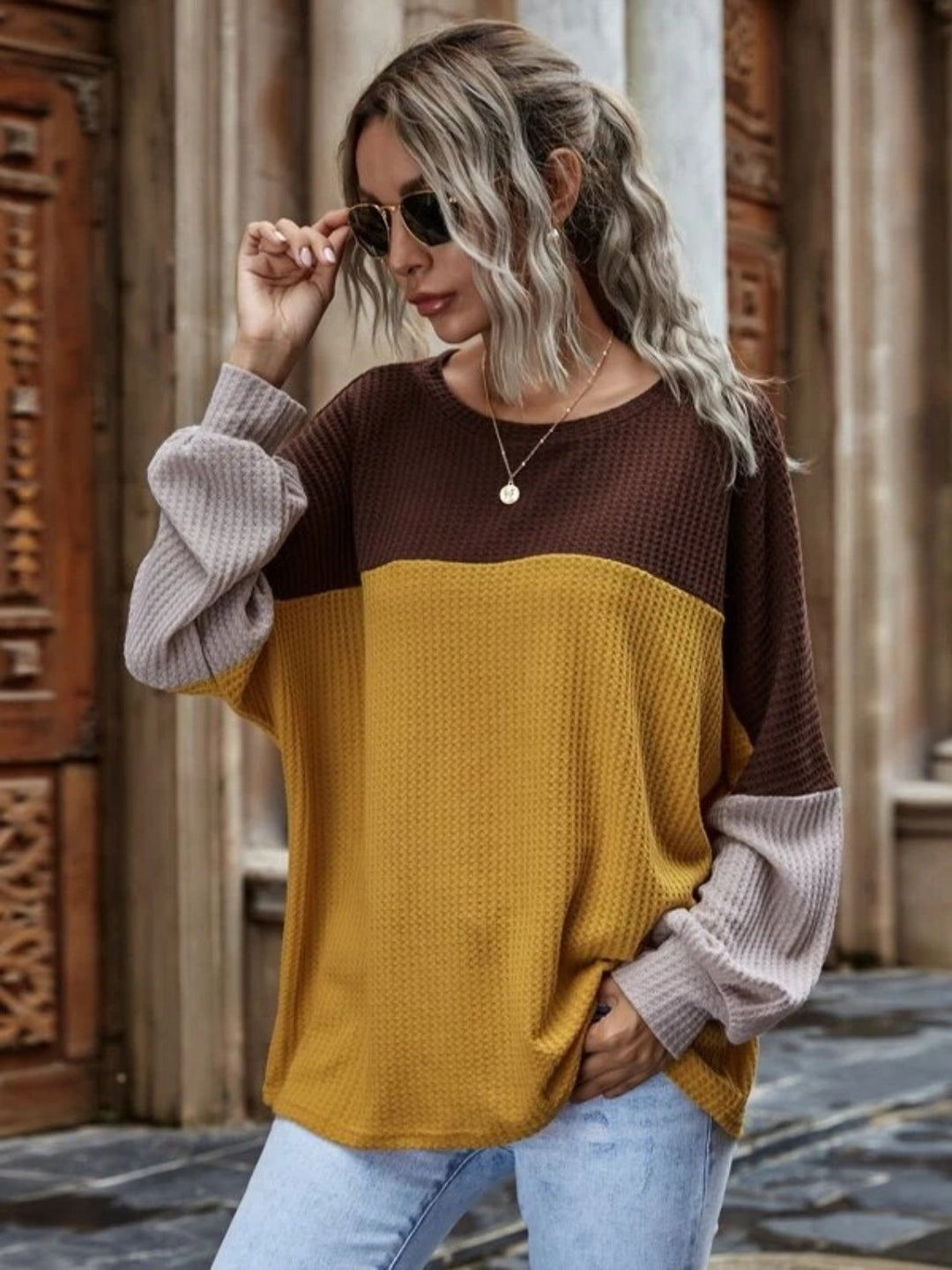 Color Block Waffle-Knit Long Sleeve Top - DRG Boutique Apparel & Accessories LLC