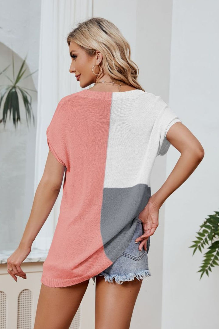 Color Block V-Neck Knit Top - DRG Boutique Apparel & Accessories LLC