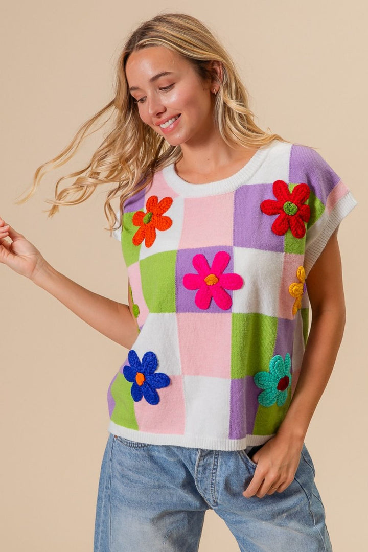 BiBi Flower Patch Checkered Sweater Vest - DRG Boutique Apparel & Accessories LLC