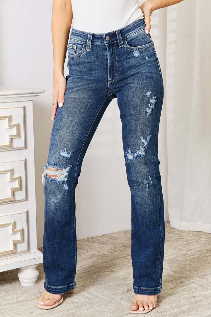 Judy Blue Full Size Mid Rise Hand Sand & Destroy Bootcut Jeans - DRG Boutique Apparel & Accessories LLC