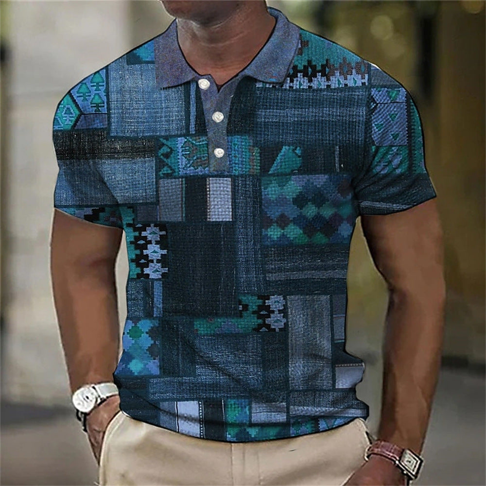 Fashion Men'S Polo Shirts 3d Splicing Plaid Printing Art