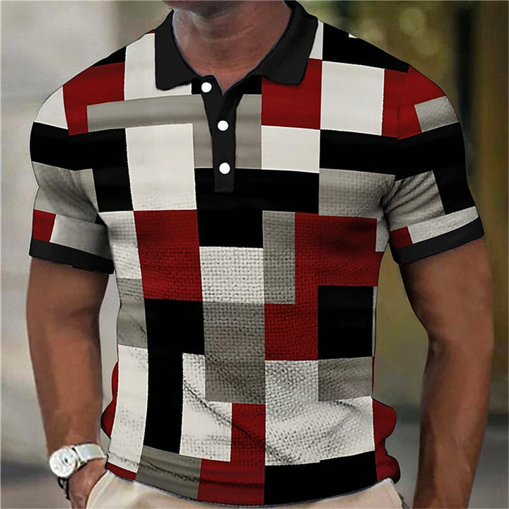 Fashion Men'S Polo Shirts 3d Splicing Plaid Printing Art