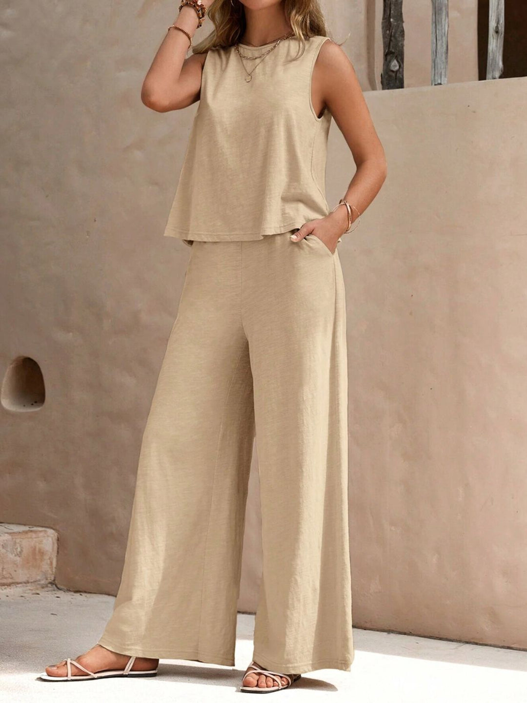 Round Neck Sleeveless Top and Wide Leg Pants Set - DRG Boutique Apparel & Accessories LLC