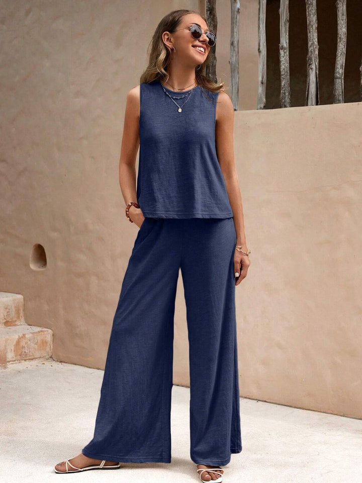 Round Neck Sleeveless Top and Wide Leg Pants Set - DRG Boutique Apparel & Accessories LLC