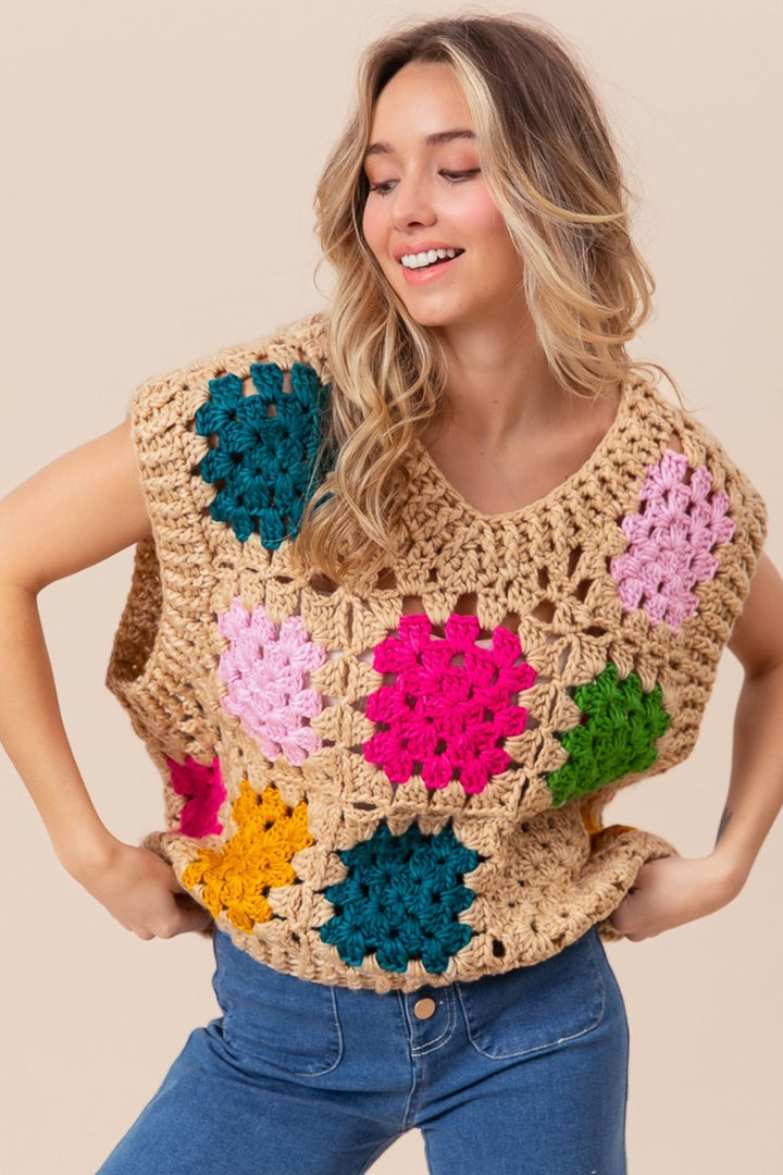 BiBi Granny Square Openwork Sweater Vest - DRG Boutique Apparel & Accessories LLC