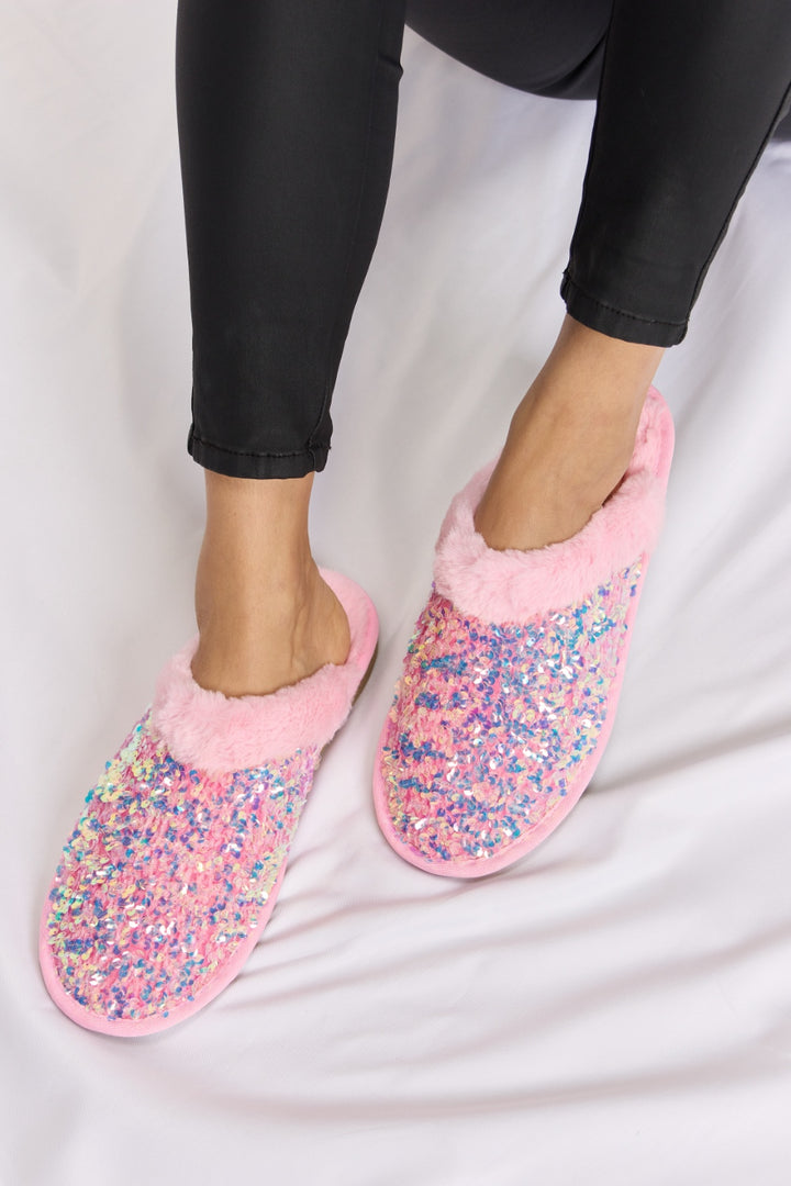 Forever Link Sequin Plush Round Toe Slippers, Pink