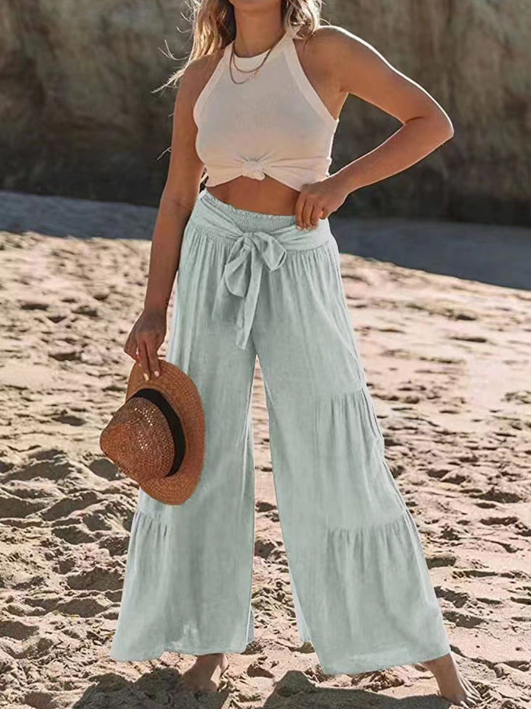 Tied Ruched Wide Leg Pants - DRG Boutique Apparel & Accessories LLC