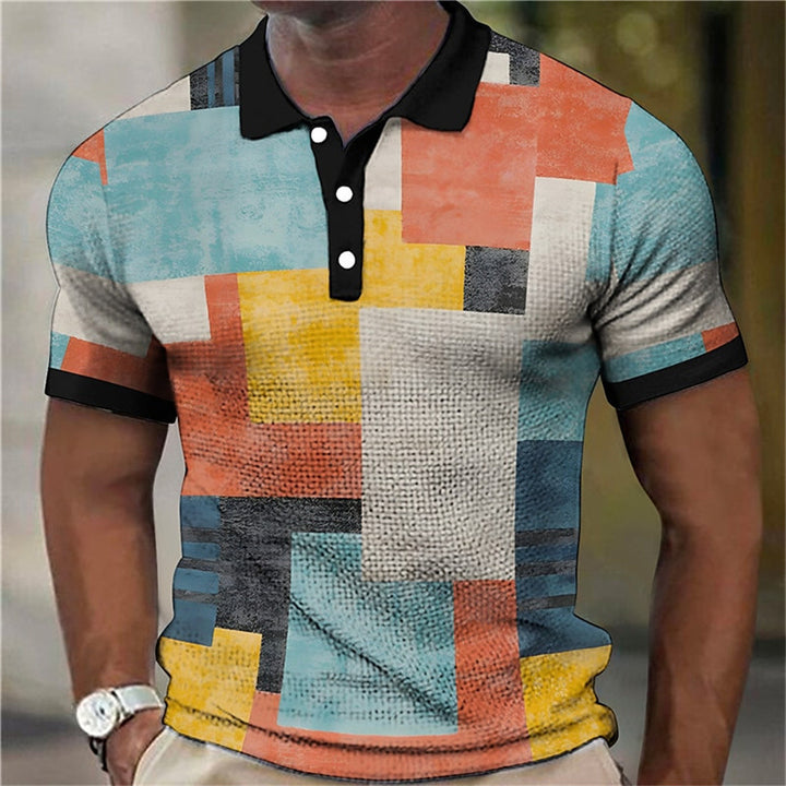 Fashion Men'S Polo Shirts 3d Splicing Plaid Printing Art
