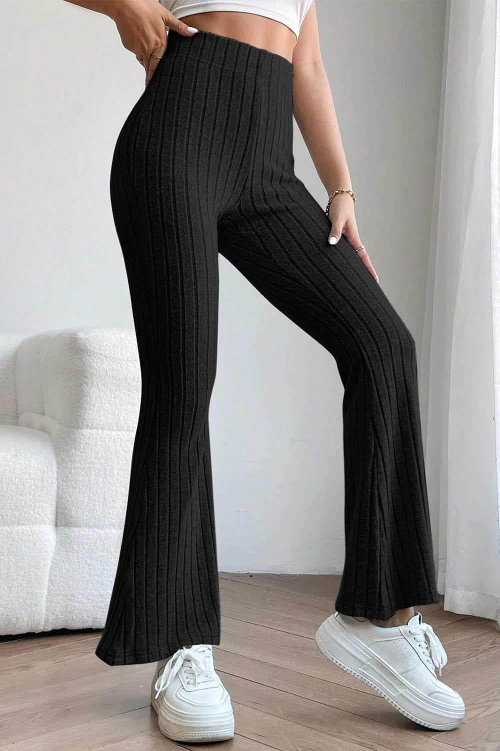 Basic Bae Full Size Ribbed High Waist Flare Pants - DRG Boutique Apparel & Accessories LLC