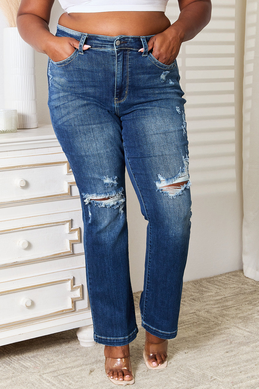 Judy Blue Full Size Mid Rise Hand Sand & Destroy Bootcut Jeans - DRG Boutique Apparel & Accessories LLC