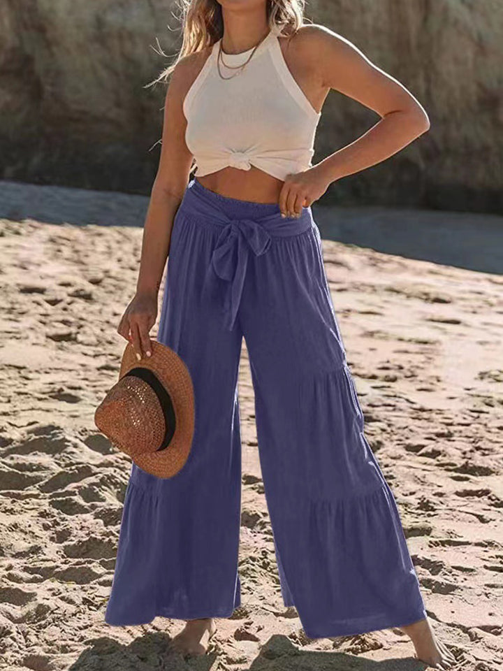 Tied Ruched Wide Leg Pants - DRG Boutique Apparel & Accessories LLC