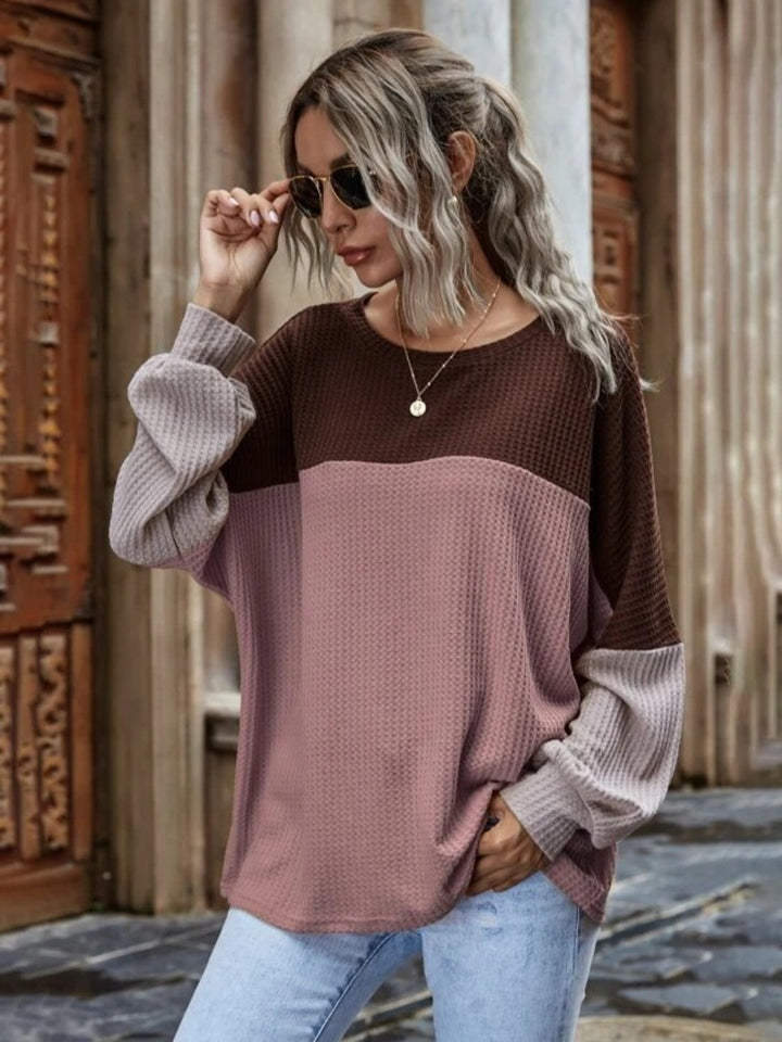 Color Block Waffle-Knit Long Sleeve Top - DRG Boutique Apparel & Accessories LLC