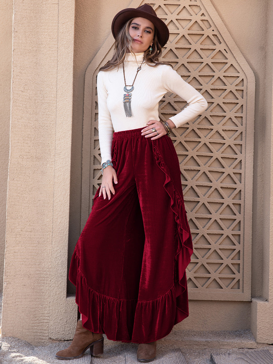 Slit Ruffled Wide Leg Pants - DRG Boutique Apparel & Accessories LLC