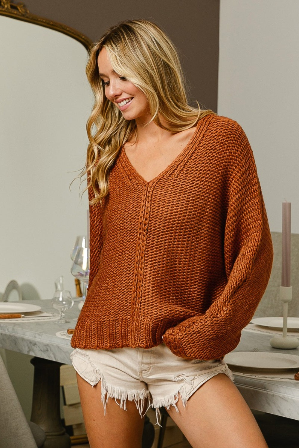 BiBi V-Neck Cable Knit Sweater - DRG Boutique Apparel & Accessories LLC