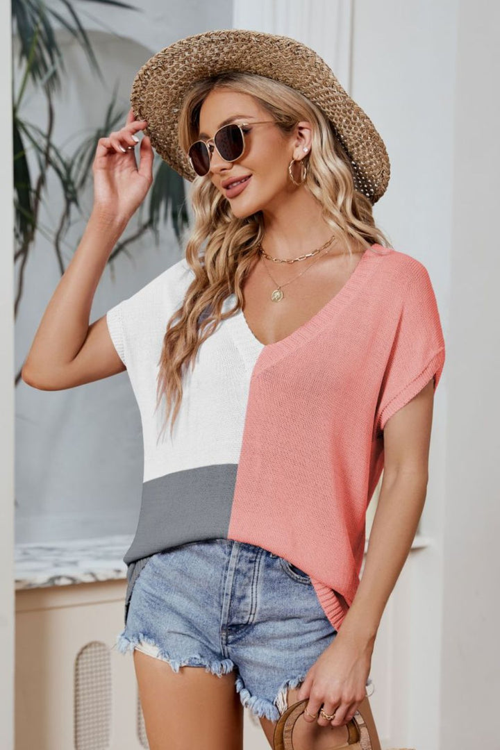 Color Block V-Neck Knit Top - DRG Boutique Apparel & Accessories LLC