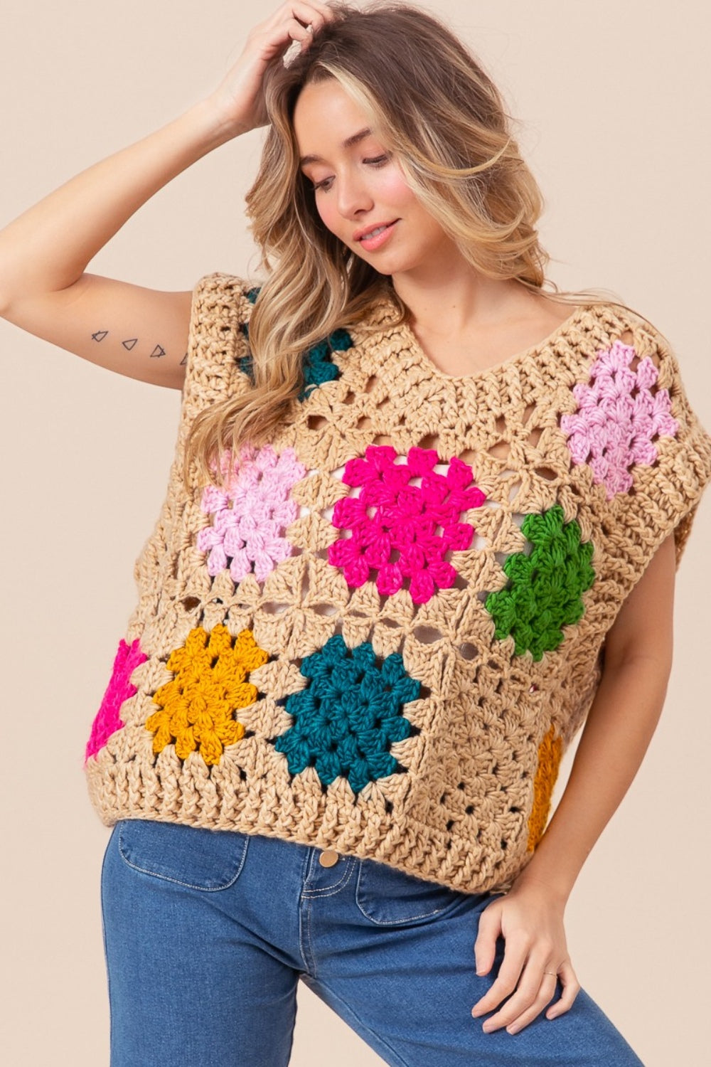 BiBi Granny Square Openwork Sweater Vest - DRG Boutique Apparel & Accessories LLC