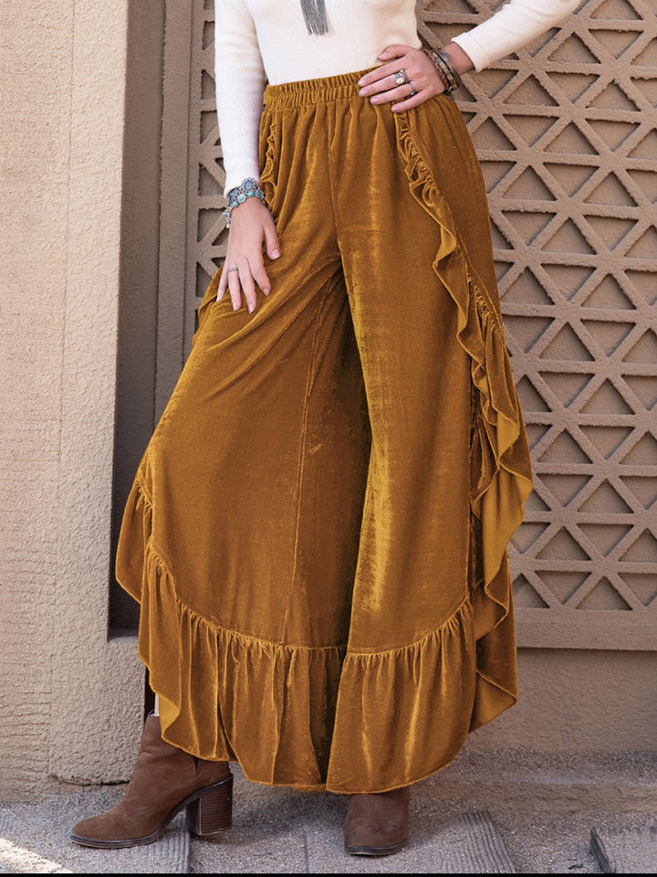 Slit Ruffled Wide Leg Pants - DRG Boutique Apparel & Accessories LLC