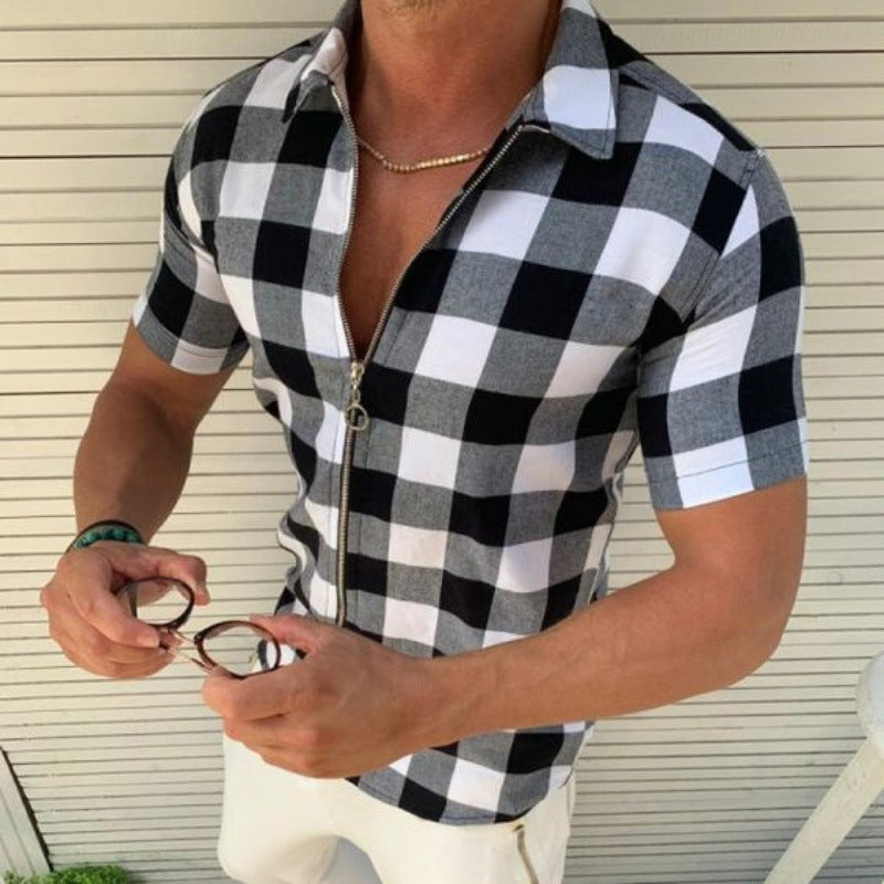 Men's Plaid Shirt, Zipper Short Sleeve